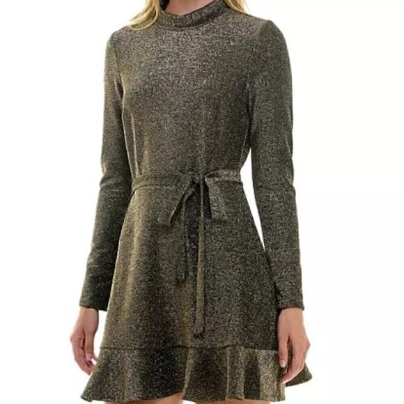 Speechless Juniors Gold Metallic Ruffled Unlined Pullover A-Line Dress Size L - Picture 1 of 15